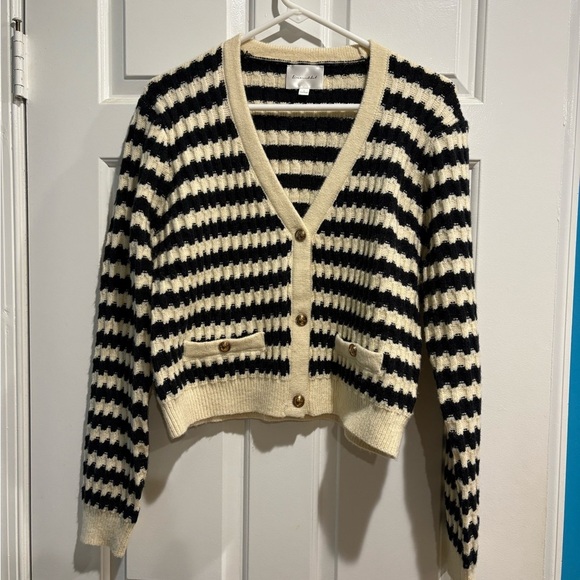 Line and Dot Laurel Cropped Knit Cardigan sweater ivory black stripes  L - Picture 3 of 8